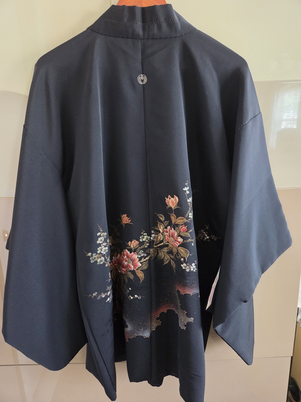 Japanese Style Haori Kimono Jacket Black Floral Print Unisex XL Robe
